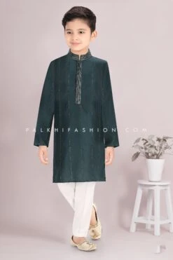 Teal Green Cotton Silk Boys Kurta Pajama Set With Embroidery – Palkhi Fashion