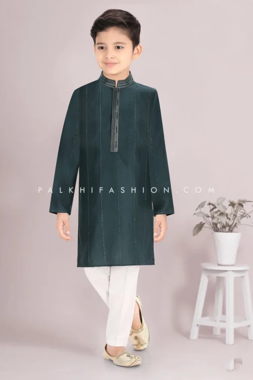 Teal Green Cotton Silk Boys Kurta Pajama Set With Embroidery – Palkhi Fashion