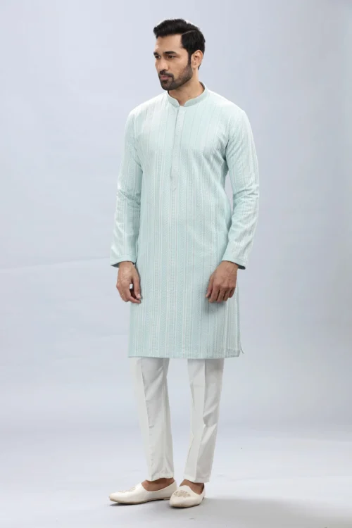 Timeless Powder Blue Kurta Pajama Set With Elegant Work – Palkhi Fashion