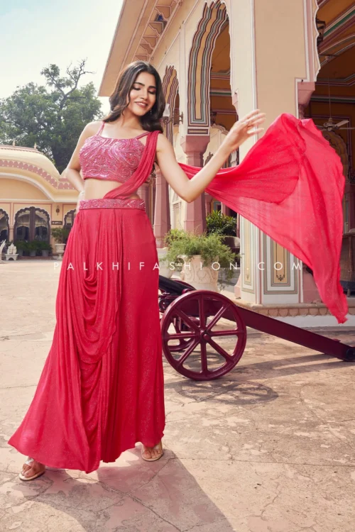 Trendy Coral Pink Pre-Pleated Saree With Handcrafted Blouse