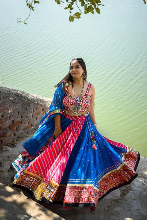 Twirling Traditions: Full Flair Colorful Embroidery Work Navratri Chaniya Choli