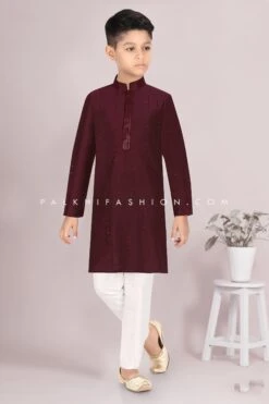 Wine Cotton Silk Boys Kurta Pajama Set With Embroidery – Palkhi Fashion