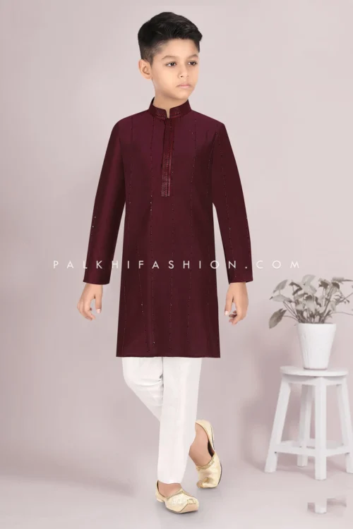 Wine Cotton Silk Boys Kurta Pajama Set With Embroidery – Palkhi Fashion