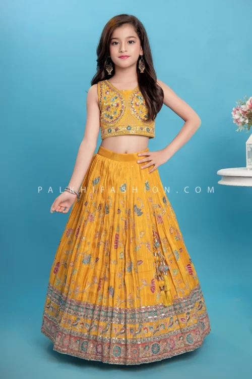 Yellow Chinon Silk Girls Lehenga Choli With Multi-Color Embroidery – Palkhi Fashion