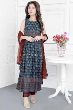 Blue/Maroon Naira Cut Pant Style Outfit With Ajarakh Prints