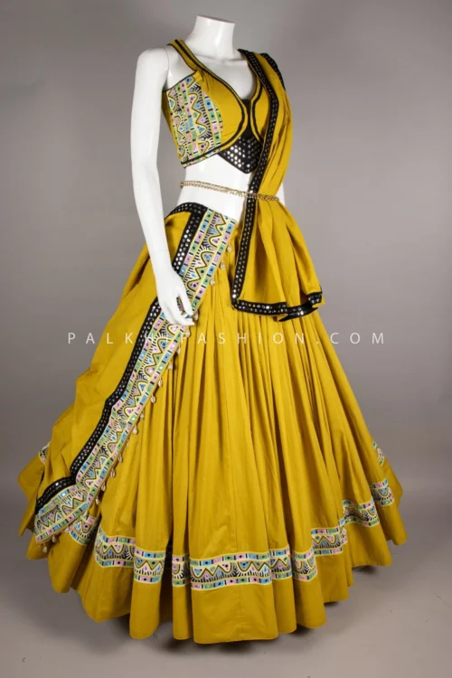 Light Mustard Yellow Navratri Chaniya Choli With Mirror & Kasab Work – Palkhi Fashion