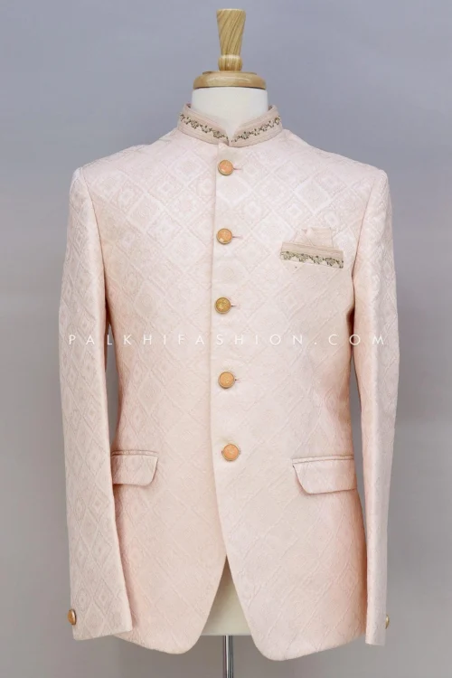Light Peach Jodhpuri Suit With Chikankari Work -Indian Wear Shop light peach jodhpuri suit with chikankari work 597728
