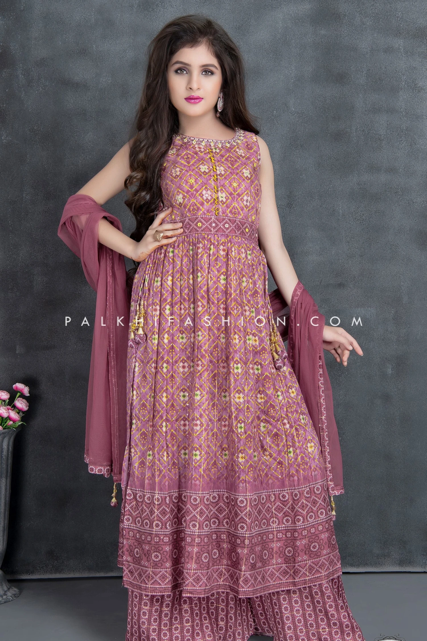 Mauve Color Naira Cut Palazzo Outfit With Bandhani Work 3 Mauve Color Naira Cut Palazzo Outfit With Bandhani Work