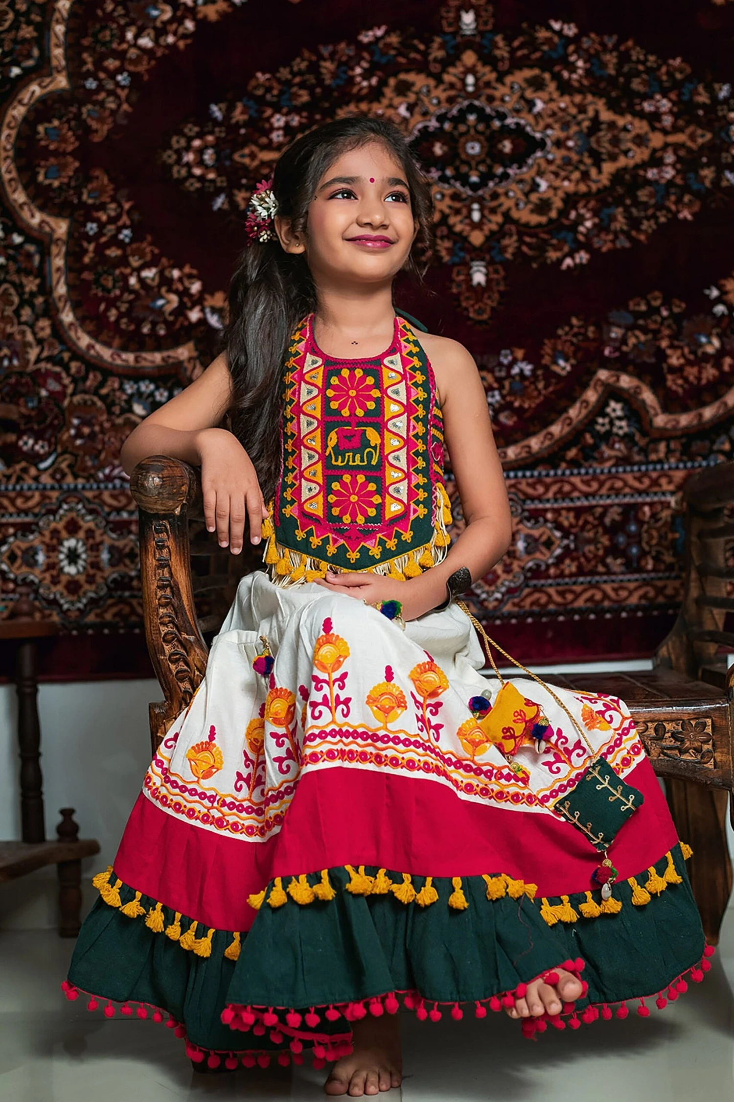 Multicolor Cotton Girls Chaniya Choli With Traditional Embroidery – Palkhi Fashion 3 Multicolor Cotton Girls Chaniya Choli With Traditional Embroidery – Palkhi Fashion