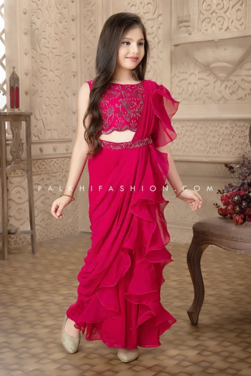 Rani Pink Palazzo Saree With Handwork Blouse