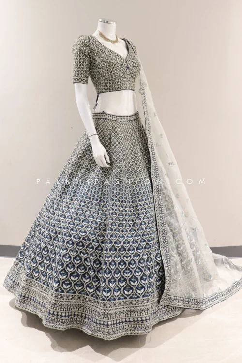 Royal Grandeur: Premium Teal Blue Pure Silk Bridal Lehenga Choli With Handwork