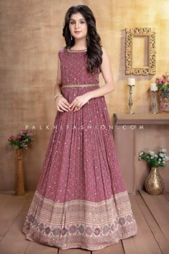 Wine Pure Georgette Embroidery Work Gown For Girls
