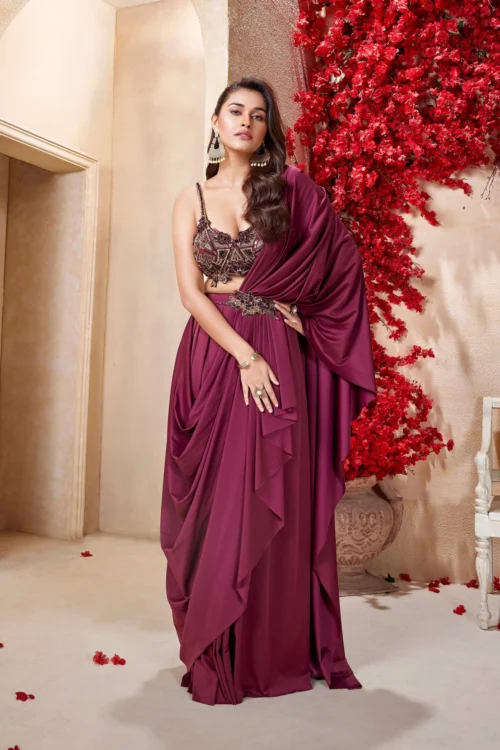Wine Ready-to-Wear Pre-Pleated Saree With Handcrafted Blouse – Palkhi Fashion